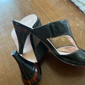 Patten Leather open toe heels mid range height with accent on heel